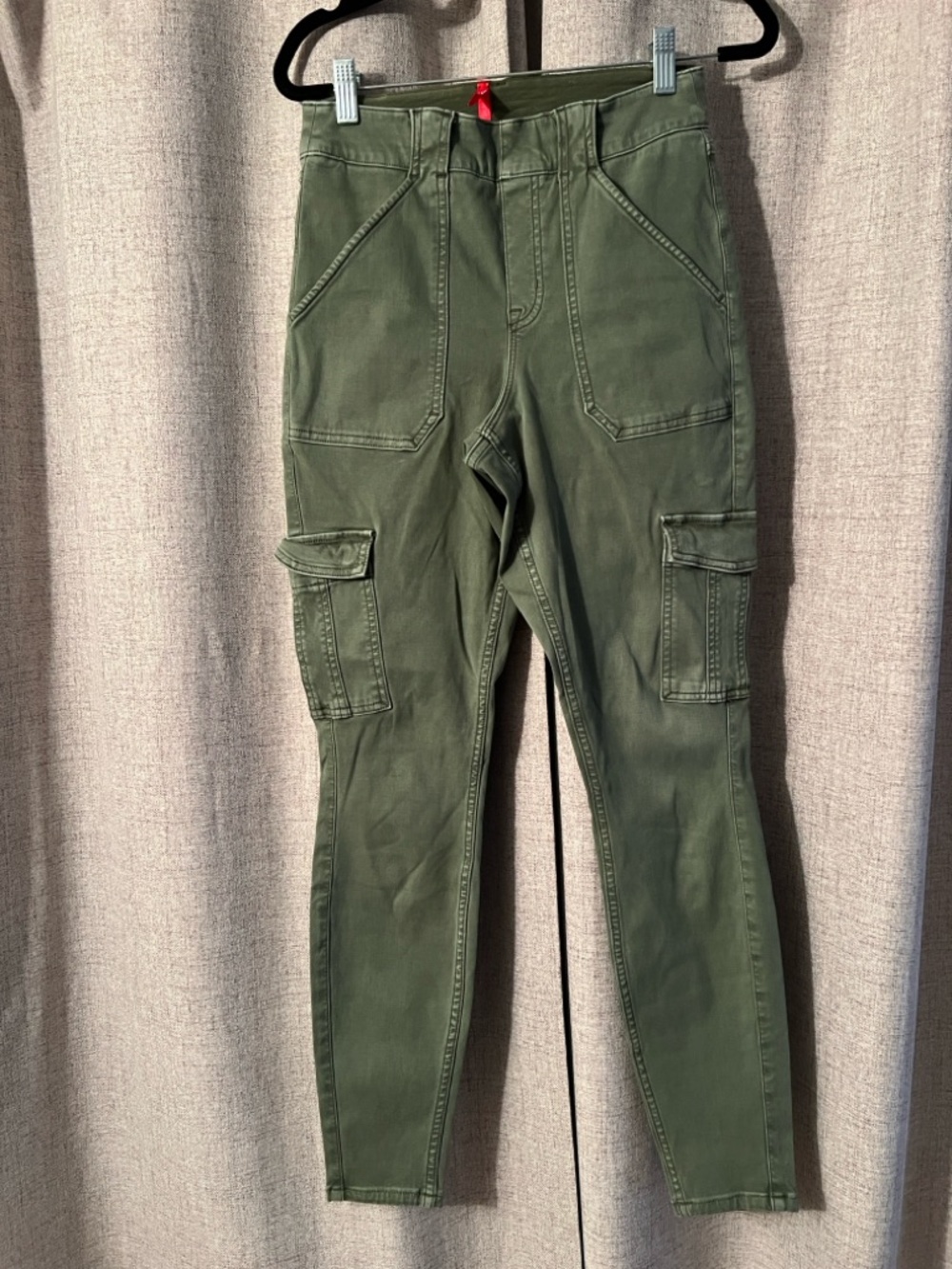 SPANX Olive Green High-Waist Twill Cargo Shaping Pants with Red Brand Tag